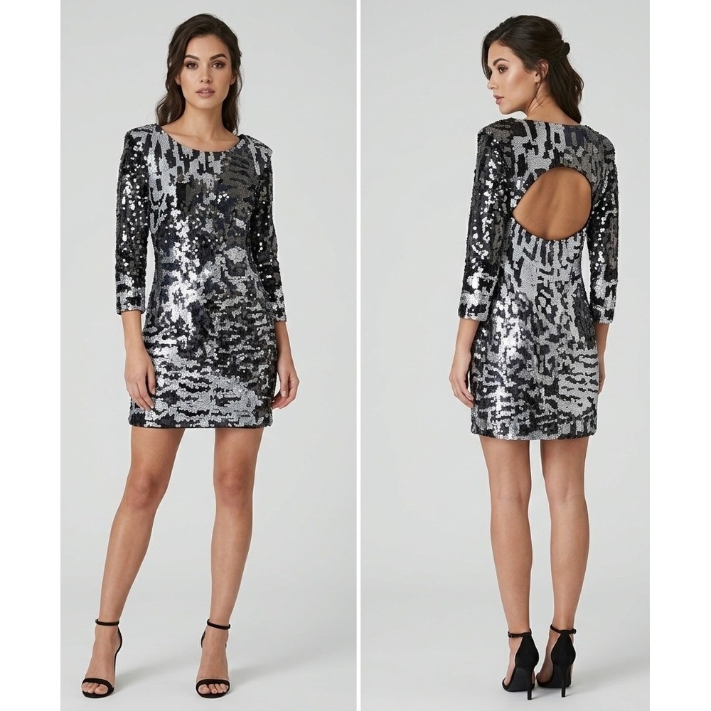 Whistles Sequin Mini Dress Black Silver Abstract Open Back 3/4 Sleeve‎ US 4 UK 8